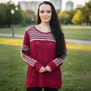 Free People ✦ Burgundy Cream Open Weave Striped Knit Split Hem Sweater ✦ Small